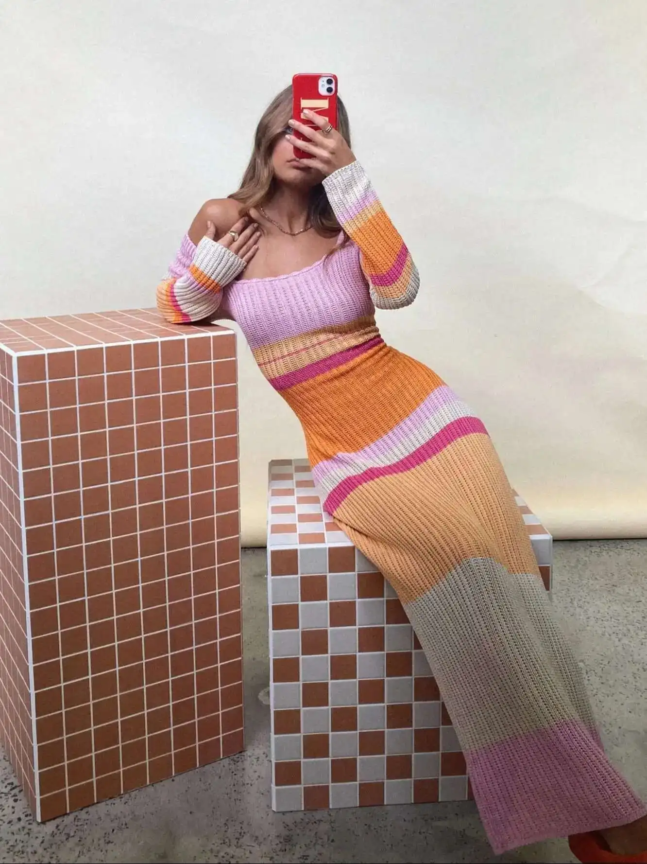 

Ribbed Knit Women Bathing Suit Wear Knitting Swimwear Knitted Long Sleeve Beach Dress Tunic Robe