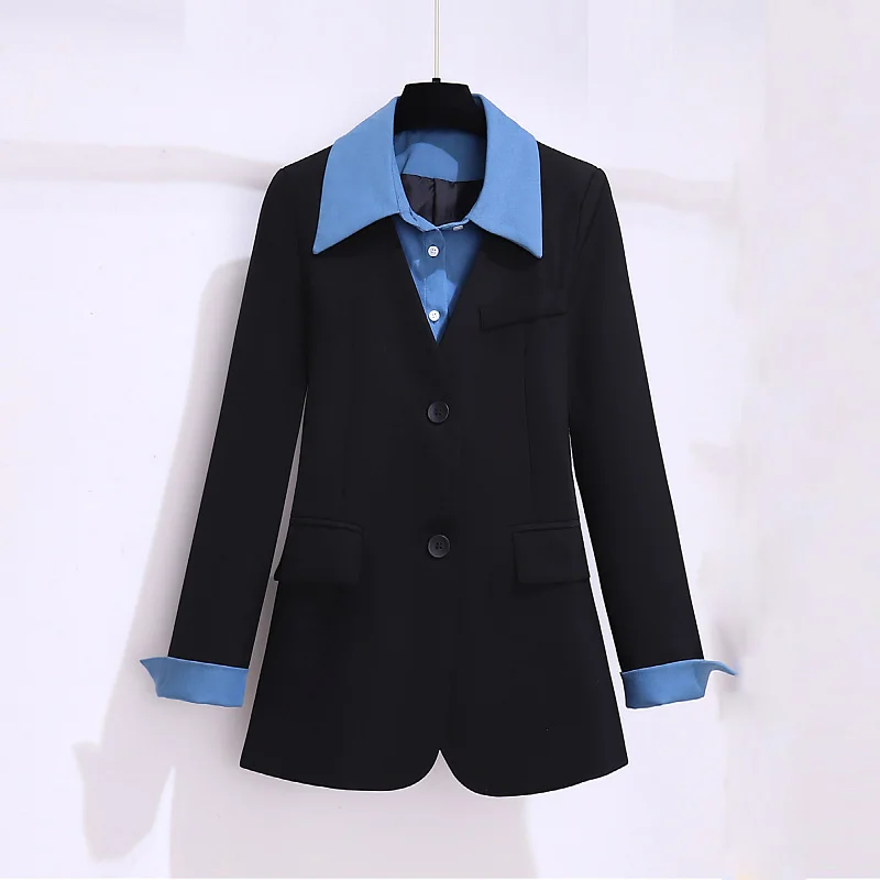 

Black Women Fashion Loose Fitting Blazer Coat Vintage Long Sleeve Pockets Female Outerwear Chic Veste Femme