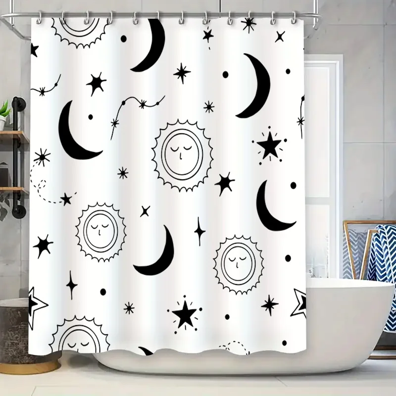 

Причудливая занавеска для душа с принтом луны, солнца и звезд, водонепроницаемый декор для ванной комнаты, белый, черный комплект