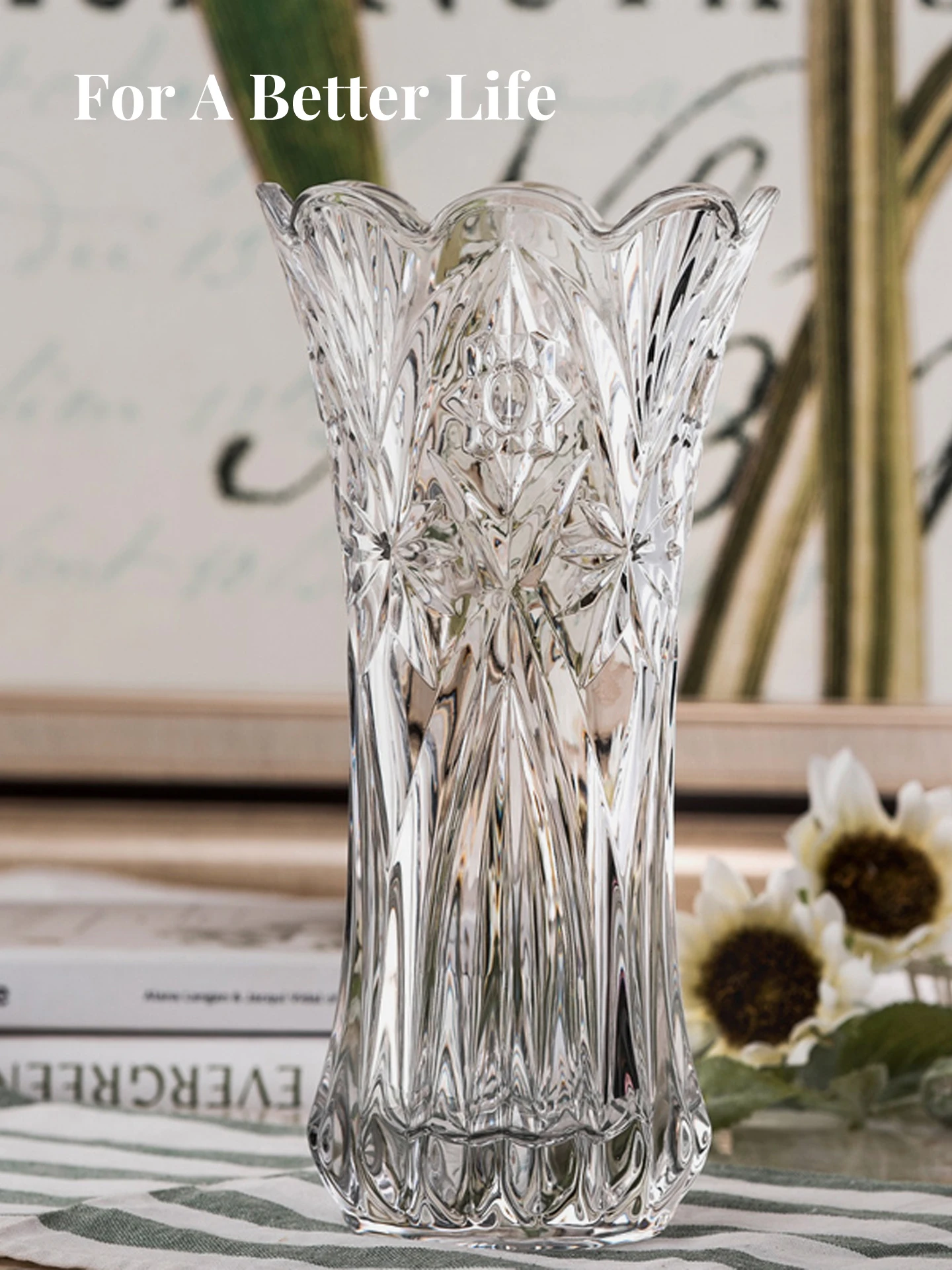 

Ele European Sle Crystal Glass Flower Vase Heavy Du Eight-Petal Home Decor Living Room Decorative Item Flower Holder