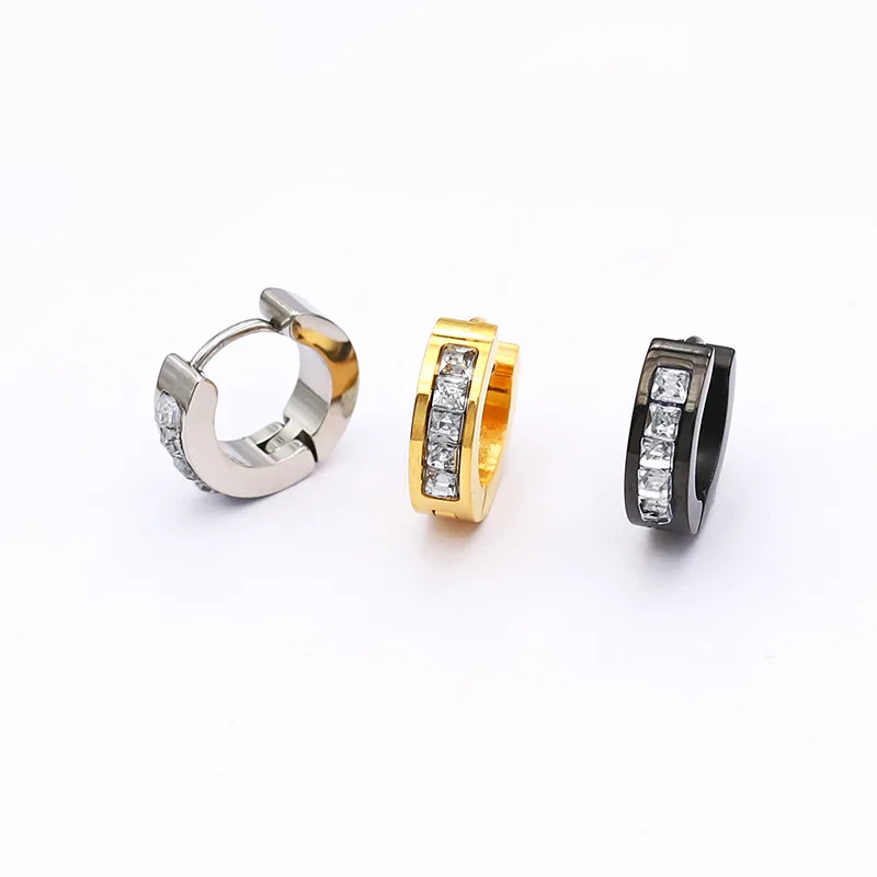 Minimalistisches Edelstahl-Ohrring-Set mit schwarzen Zirkonia für Damen – Huggie- und Helix-Ohrringe, modisches Schmuck-Accessoire, neu im Trend – Detail 5