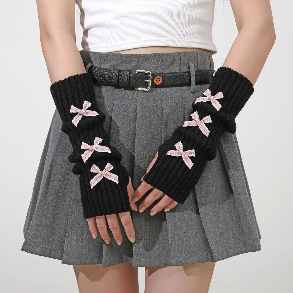 Fashion Y2K Bow Fingerless Gloves Thicken Cute Bowknot Hands Free Gloves Long Knit Arm Warmers Winter