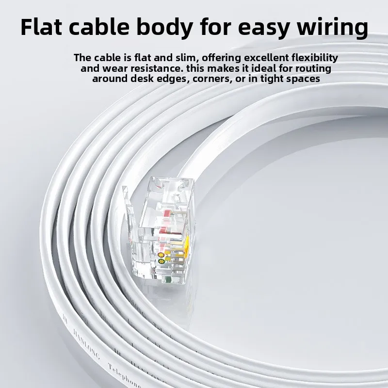 White Flat Phone Line Cord, RJ11 Connector for Modem, Fax Machine & Landline, 2-Conductor Jumper Wire,  Home Office Use, Best