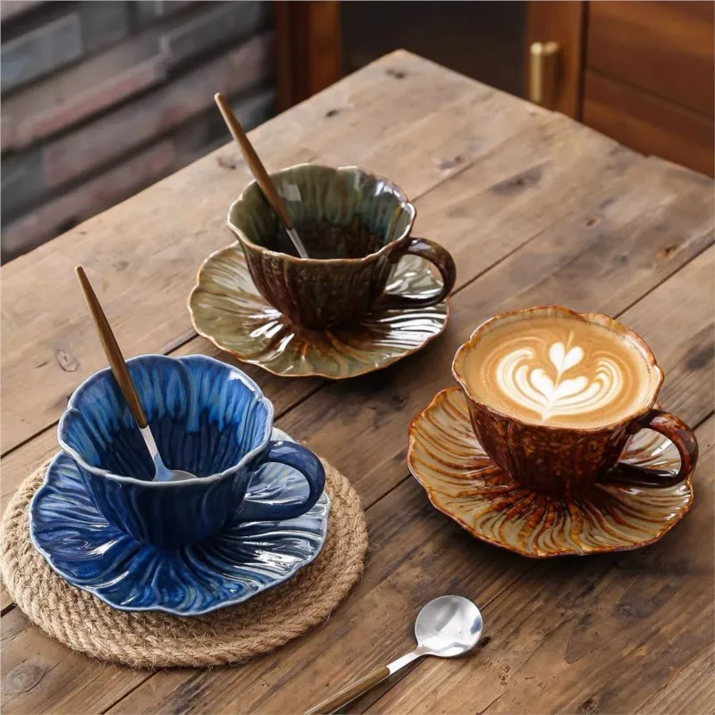 French Kiln Transformed Glazed Flower Pattern Exquisite Beautiful Coffee Cup Set Household Ceramic Water Cup With Plate ZJ228