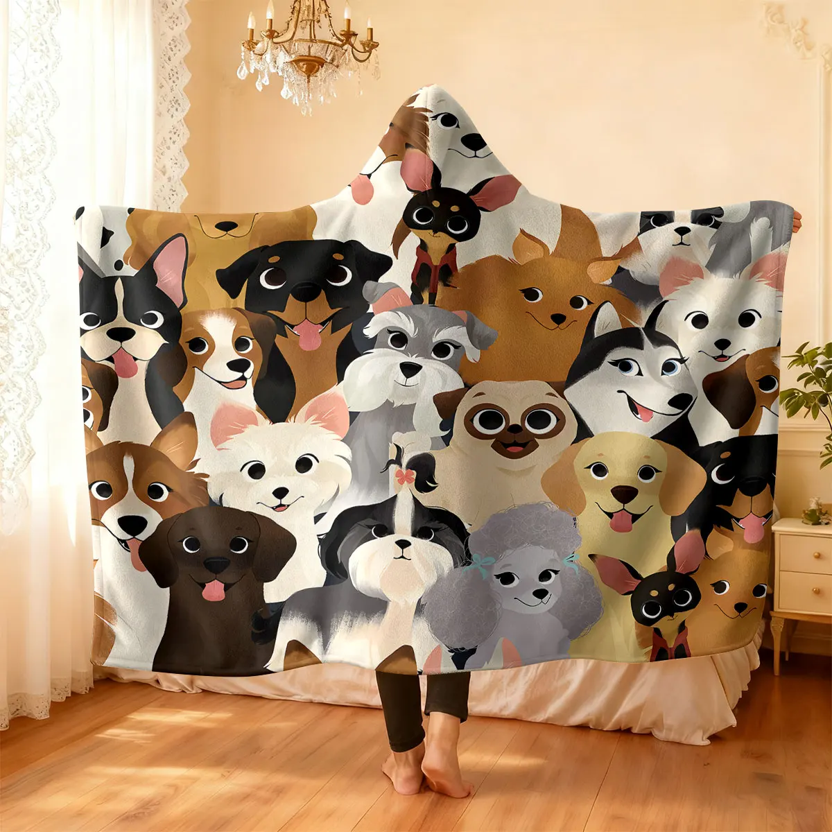 

1pc Cute Cartoon Puppy Printed Hooded Flannel Wearable Cloak Blanket Soft And Warm Multi Size Napping Leisure Blanket