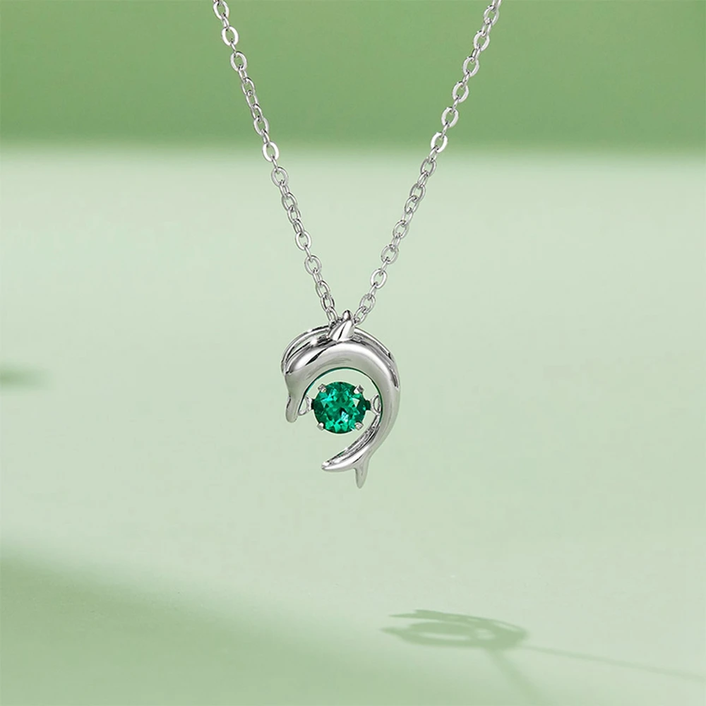 Gem's Beauty Solid 925 Sterling Silver Fine Jewelry Lab Green Emerald Dolphin Pendant Necklace Luxury Dropshipping Wholesale