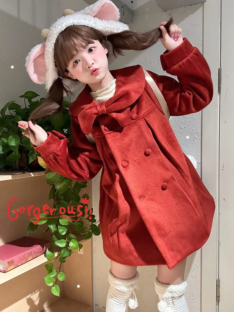 Autumn and Winter White Overcoat Womens Cute Sweet Girls Doll Collar Bow Long Woolen Coat College Style Student Oolen Jackets