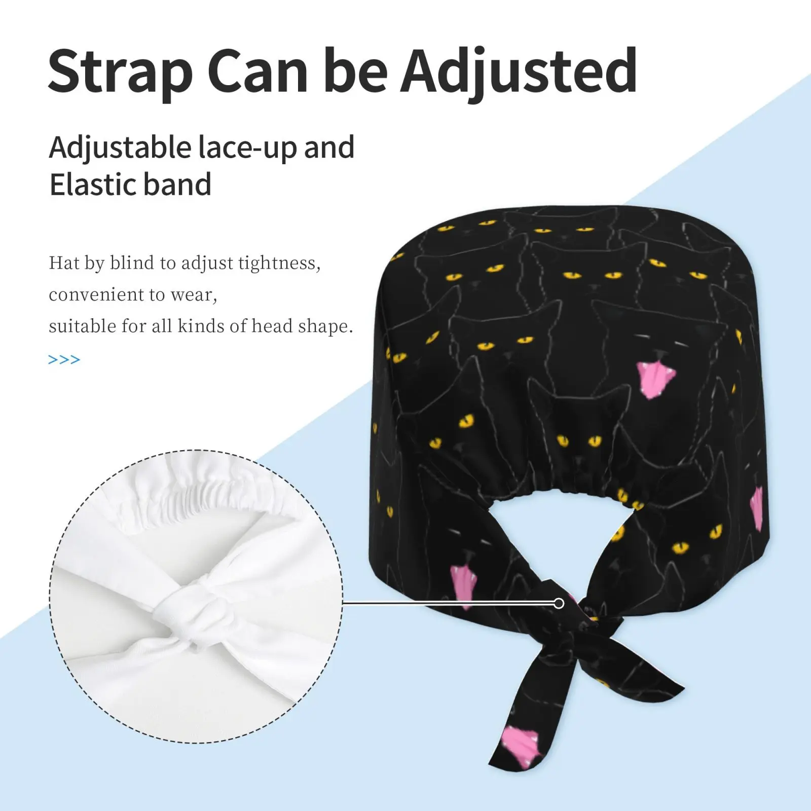 Fun Black Cat Print Pattern Unisex Adjustable Sweatband Cap Elastic Bandage Cap Nurse Work Cap for Cleaning Work