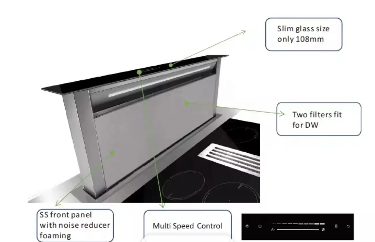 Italian Ultra-Thin Ductless Slide-Out Downdraft Ventilated Range Hood Desktop Automatic Lifting Kitchen Rang Hood 90cm