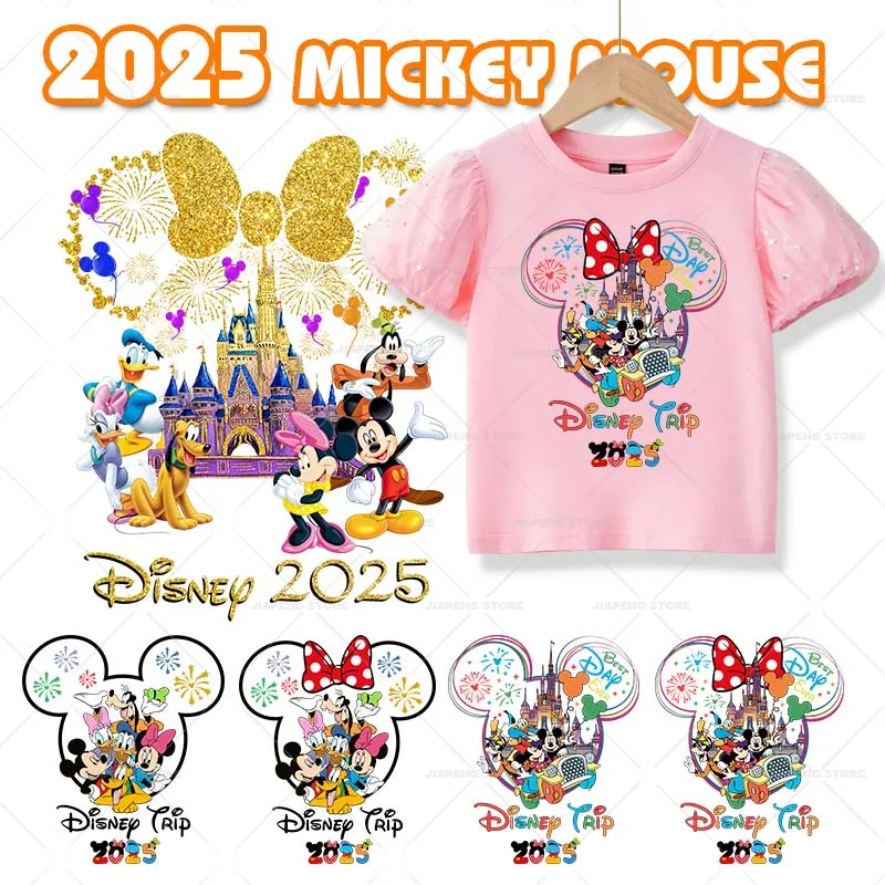 Disney 2025 Family Trip Thermal Transfer Stickers Ironing Transfers For Clothes Mickey Minnie Printed Patches On T-shirt Decor