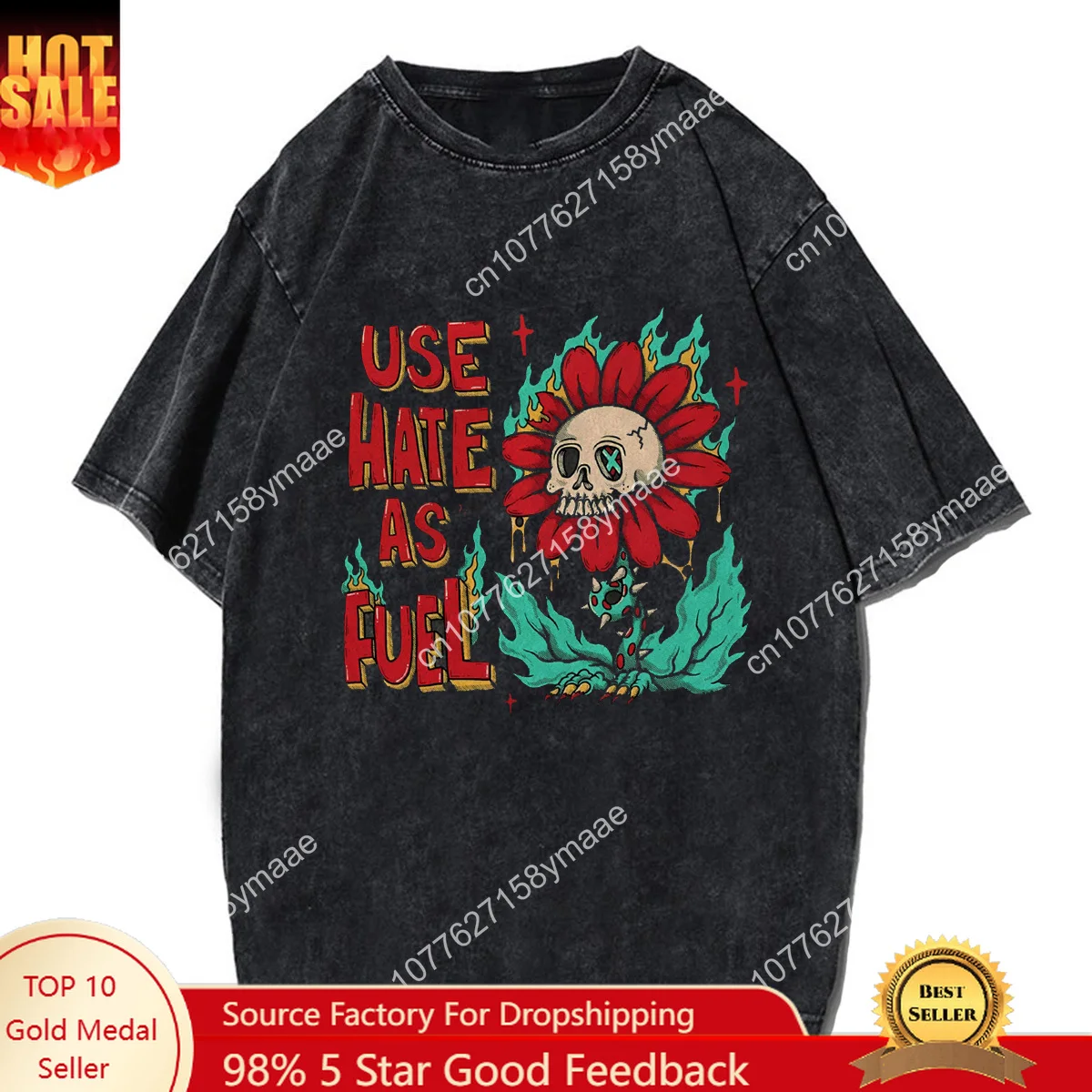 

Novel USE HATE AS FUEL Skull Sunflower Washed TShirt Oversize Tshirt Cotton T Shirt Men Y2K T-shirt Top Tee