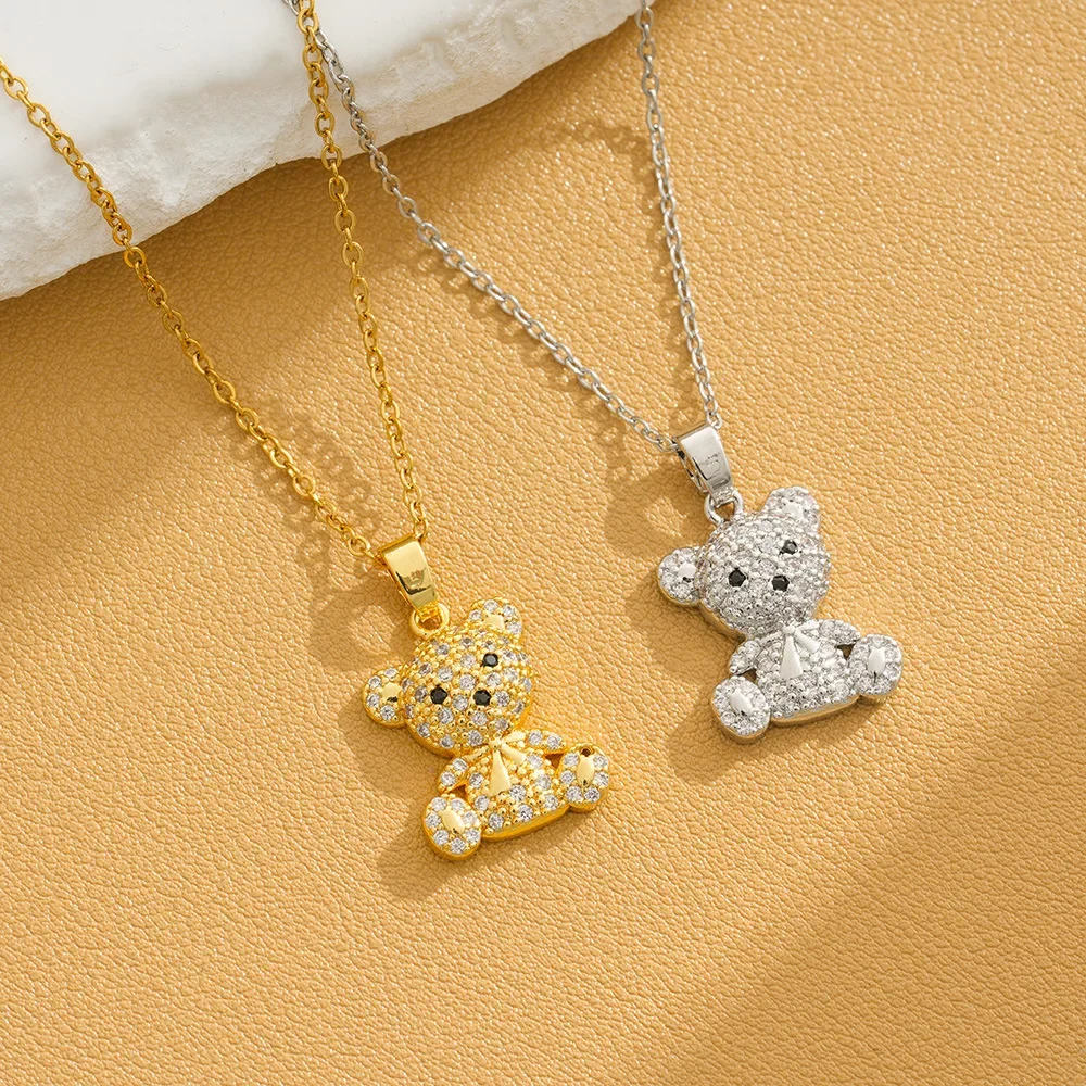 

A unique three-dimensional bear titanium steel women's necklace studded with diamonds and an elegant collarbone chain
