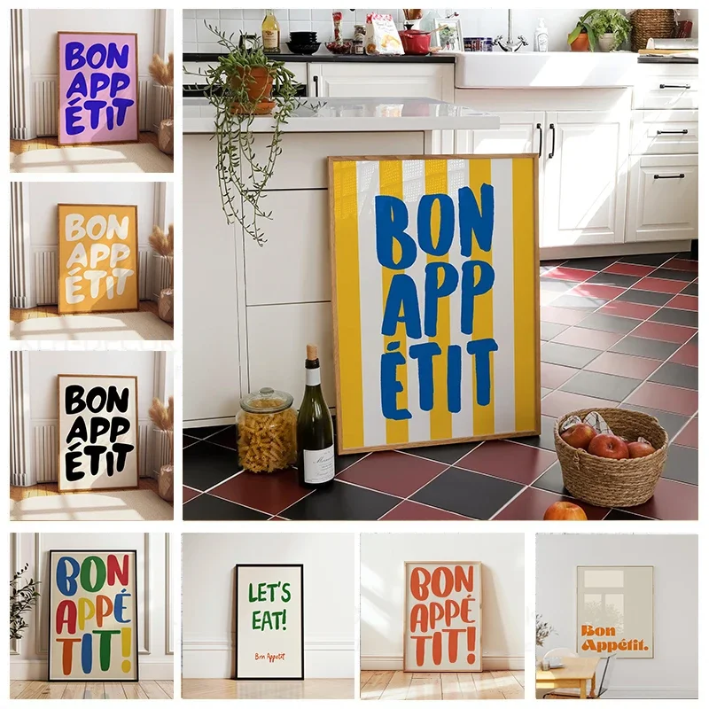 Bon Appetit Yellow White Striped Kitchen Print Mid-century French Quotation Wall Art Posters for Modern Living Rooms Home Dec
