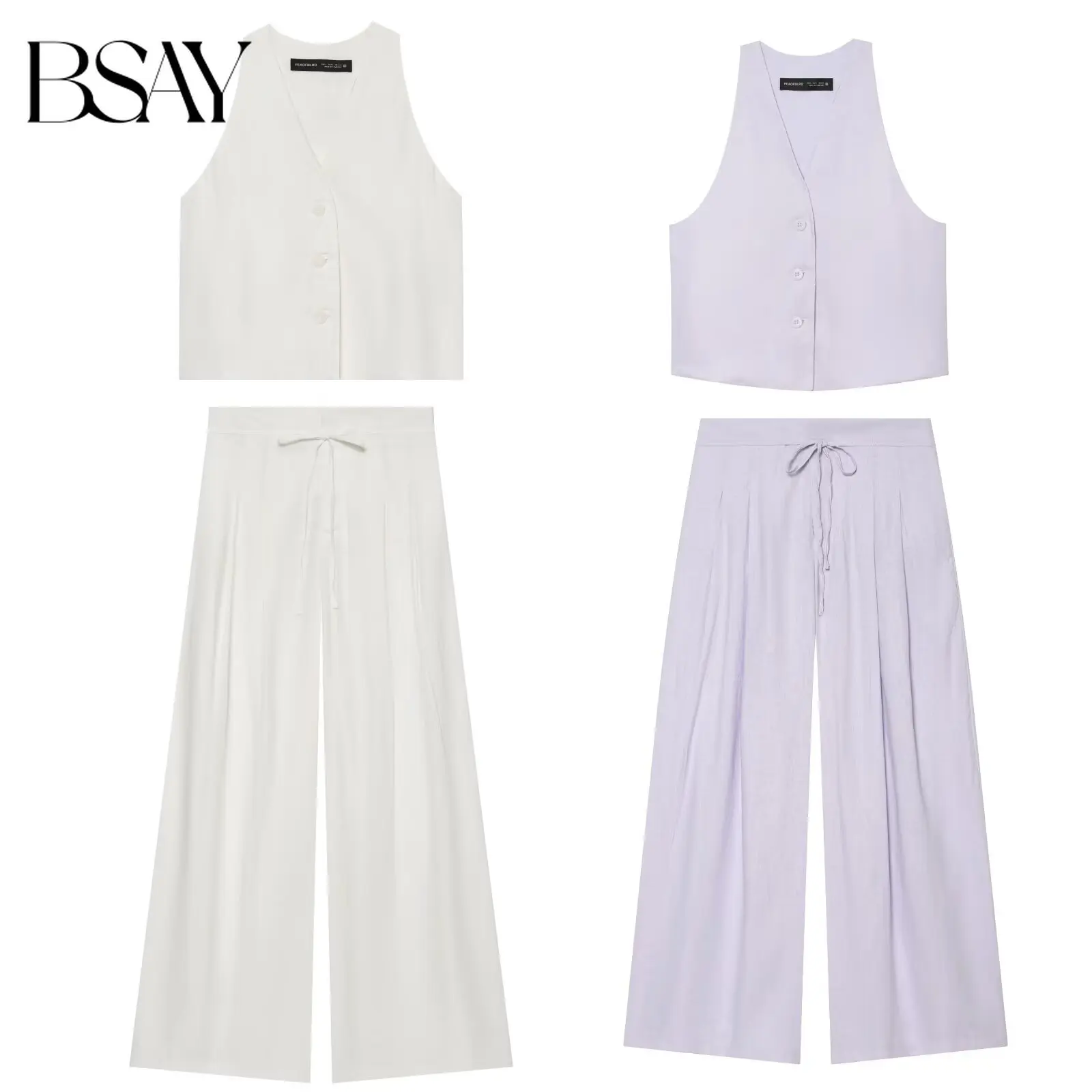 

BSAY New Women's V Neck Sleeveless Button Vest And Drawstring Waist Wide Leg Pants Casual White Purple Streetwear Co-Ord Outfit