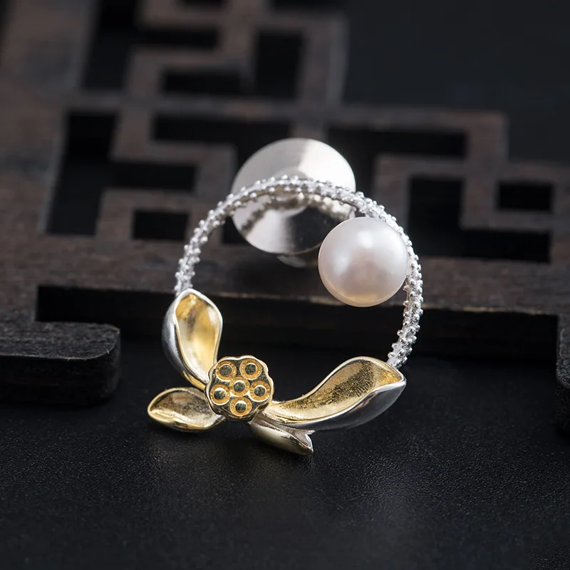 

s925 Silver retro lotus pearl brooch, elegant and stylish dress, suit, sweater pin, daily wear jewelry