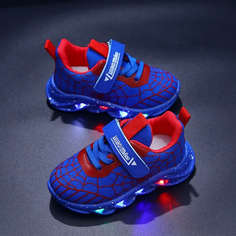 Disney LED Casual Sneakers Spider-Man Red Black For Spring Boys Mesh Outdoor Shoes Children Lighted Non-slip Shoes Size 21-30