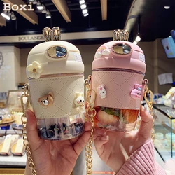 Cute Rabbit Ear Plastic Water Bottles With Straw For Girls Kids Portable Strap Student Bottle With Cup Cover Anti-drop BPA Free