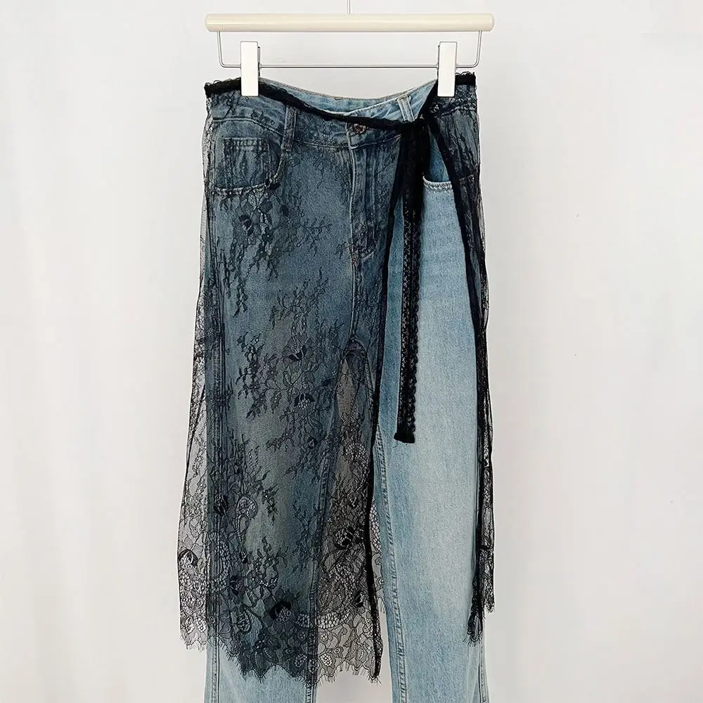 

Кружевная юбка-миди с высокой талией и вышитым цветком, кружевная юбка с нерегулярным боковым разрезом и завязками Y2K, уличная одежда Harajuku