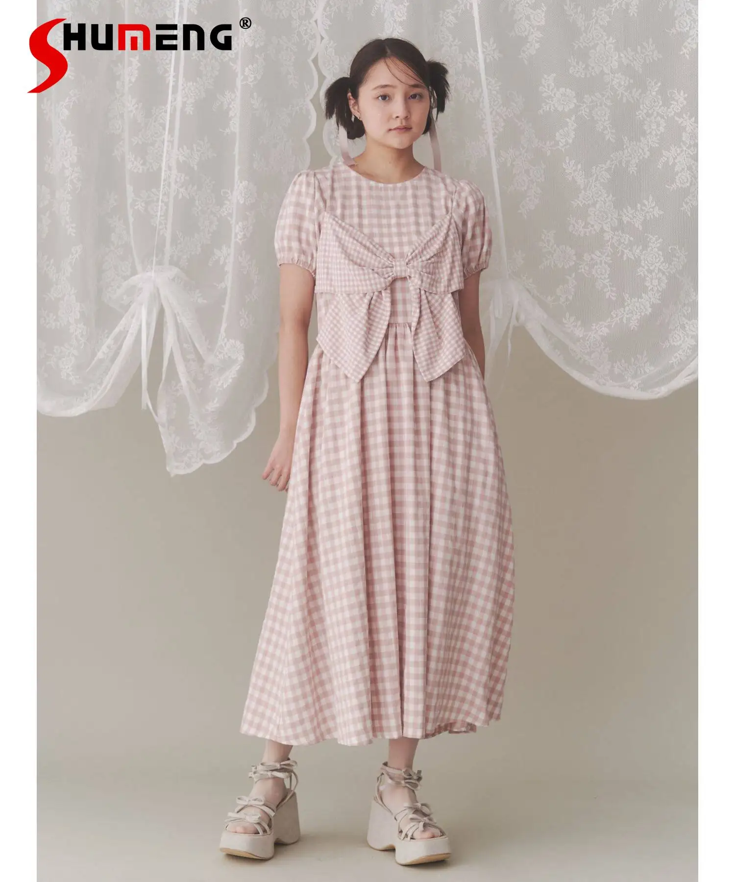 

Summer New Japanese Style Sweet Big Bow Plaid Dresses Girl's Woman's High Waist Slimming Elegant Casual Pink Long Dress 2026