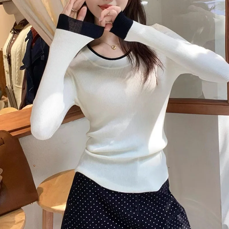 

Вязаный свитер, женские пуловеры, новый белый вязаный свитер с длинным рукавом и круглым вырезом, пуловер, женские топы, трикотажные изделия Sueters De Mujer Q932