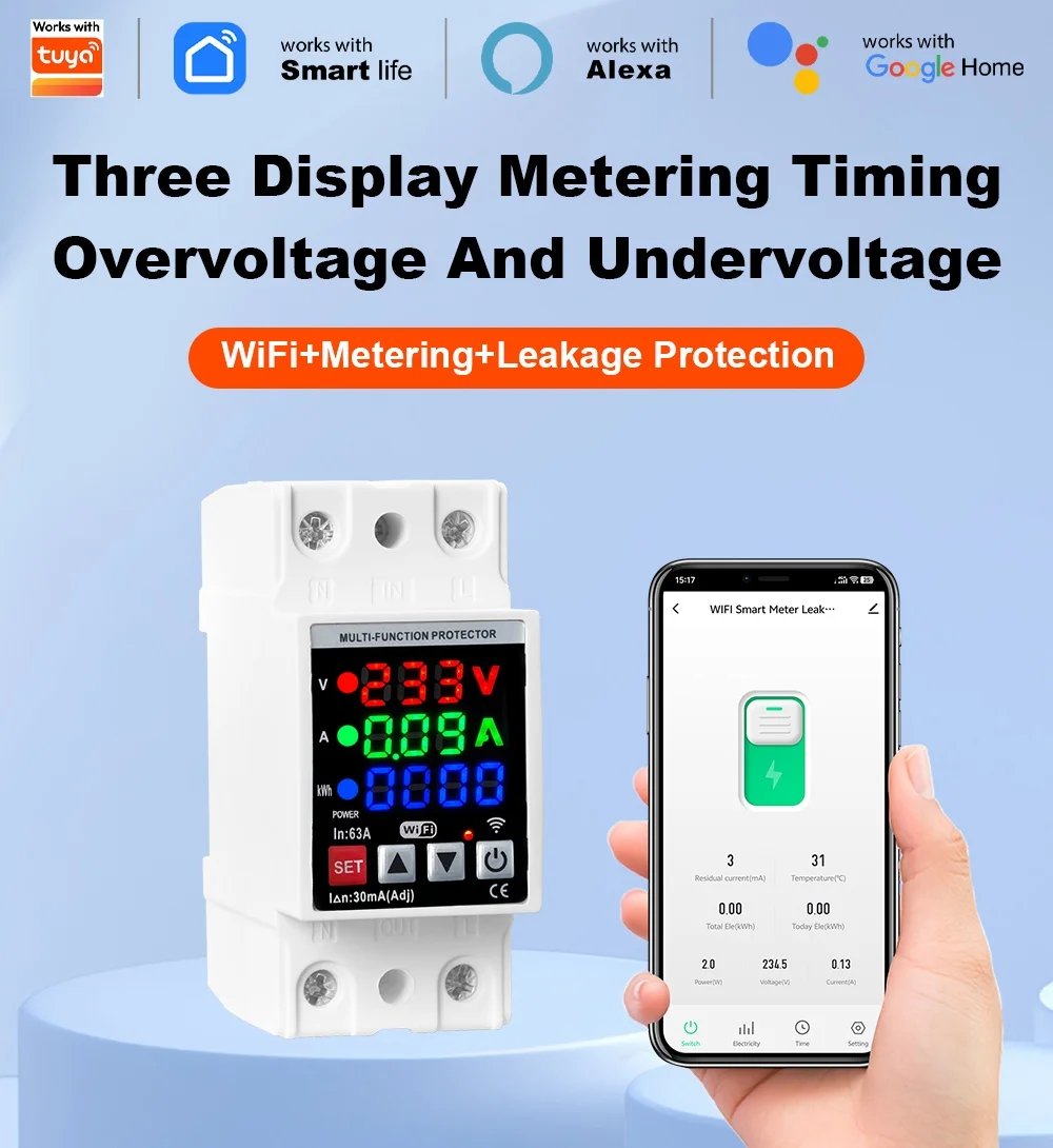 Manhot 2P 63A Smart WiFi Circuit Breaker Energy kWh Metering Timing Switch Overvoltage Undervoltage Overload Leakage Protection