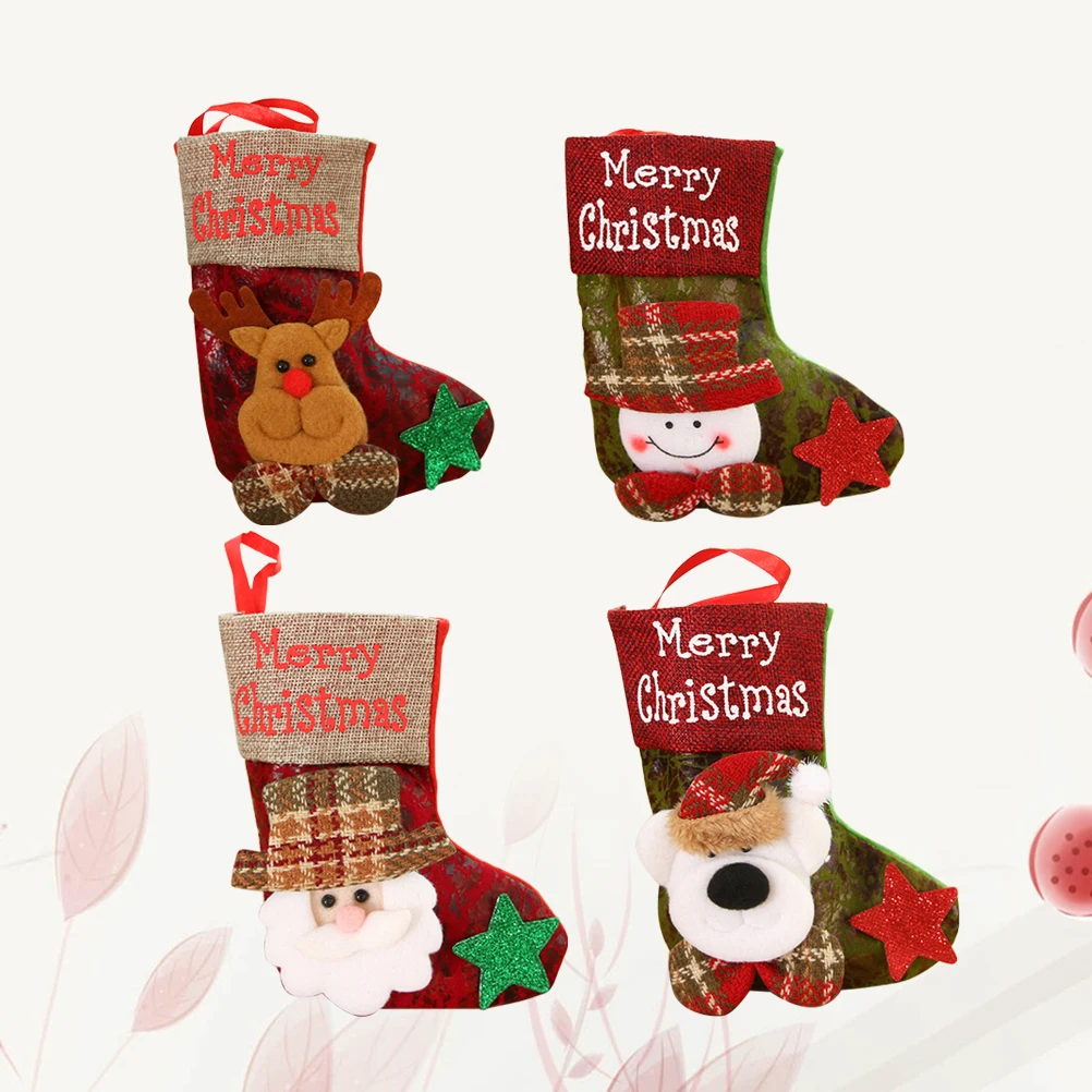 

4Pcs Christmas Socks Set Imitation Gift Pouches with Hanging Circle Perfect for Family Friends Festival Surprises