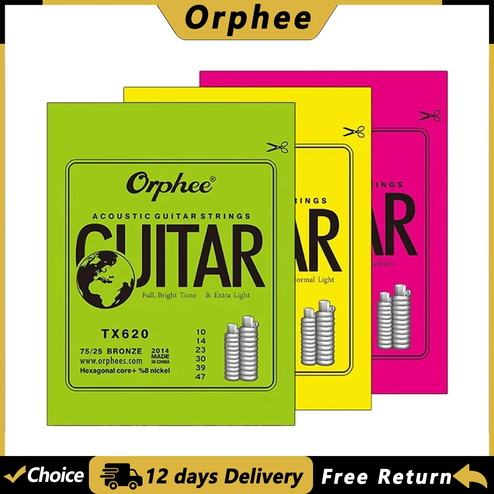 Orphee TX620 630 Akustikgitarrensaiten, Stahl, sechseckiger Kern, Rostschutzbehandlung für Anfänger, Gitarrenzubehör, Werkzeuge