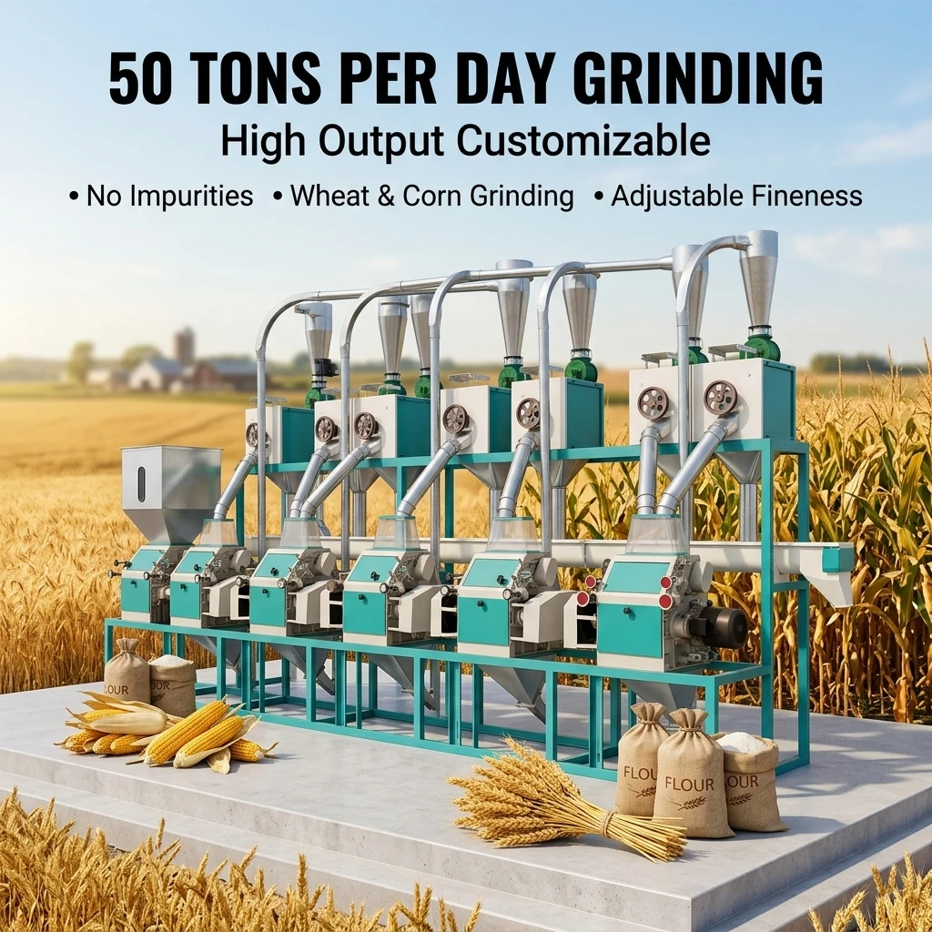 Industrial 50T Automatic Roller Corn Flour Mill 380V High Capacity Maize Milling Machine for Large Food Processing Factories