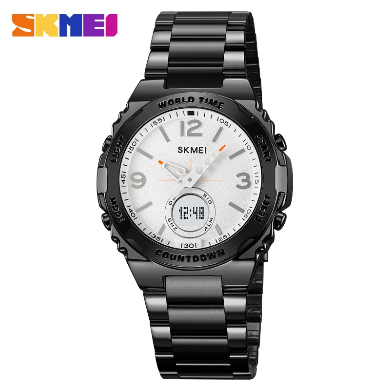 SkmeiCasual ساعة رجال الأعمال متعددة الوظائف وقت الصيف سوار فولاذي مضيئة عرض مزدوج ساعة إلكترونية