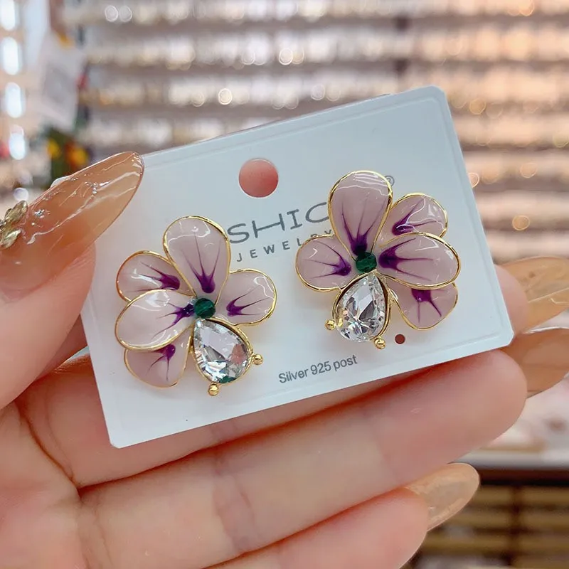 925 Silver Needle Korean Fashion Drip Oil Flower Earrings For Women Jewelry 2026 Trending New Luxury Women's Zircon Earrings