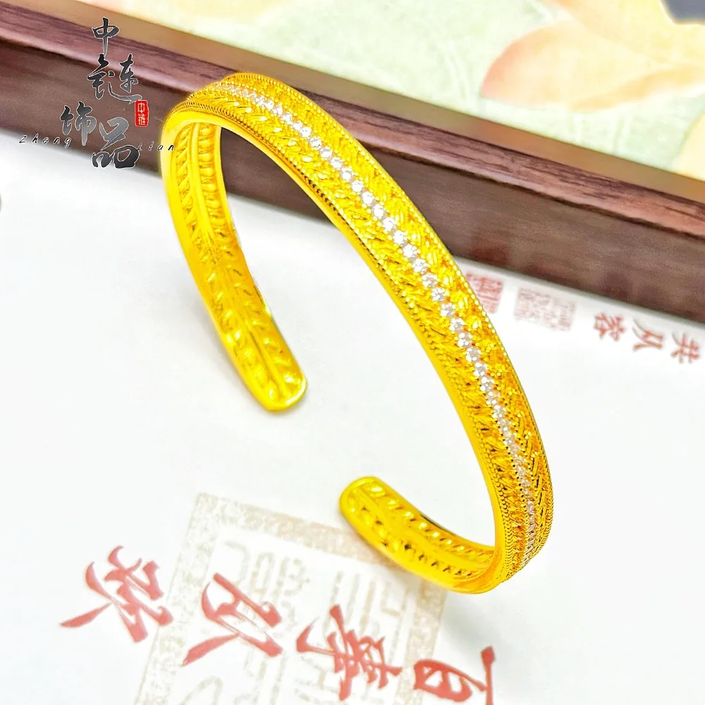Diamond-studded wheat ear open bracelet with traditional Chinese style patterns 9999gold