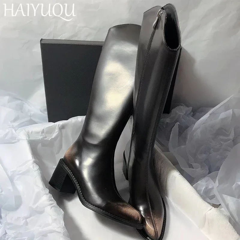 Women Pointed Toe High Boots Leather High Heels Shoes Woman 2025 Trend Fashion Winter Retro Pumps Motorcycle Boots Mujer Botas image 3