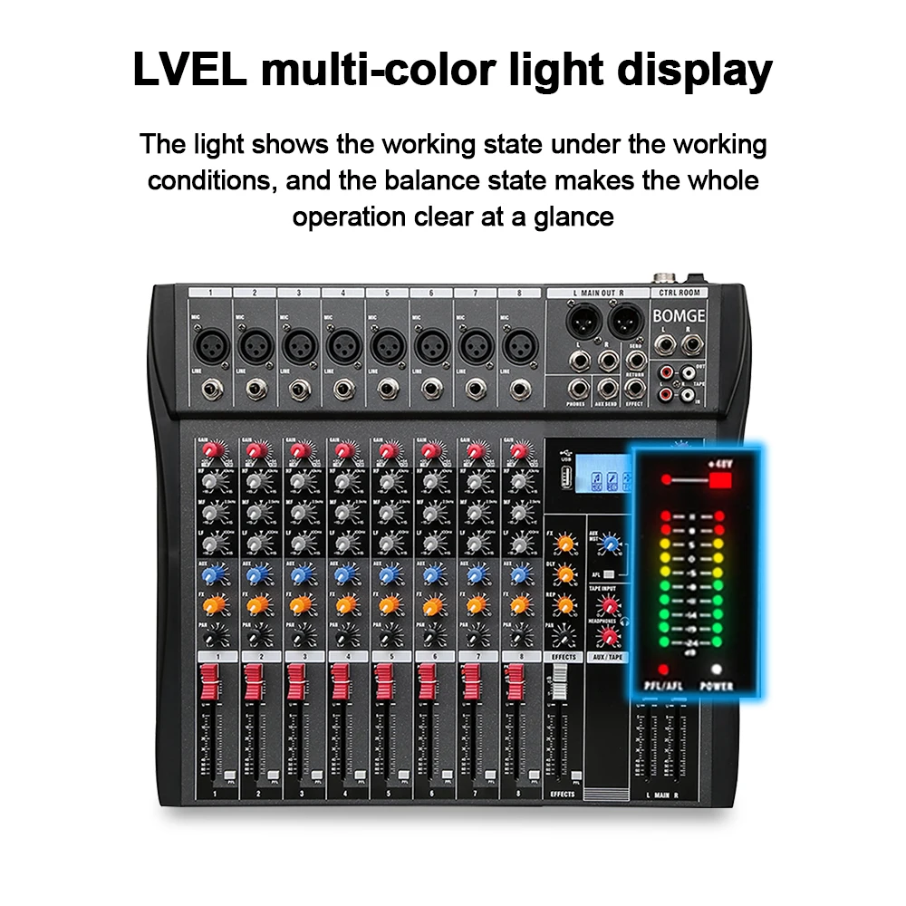 BOMGE CT-80S 48V phantom power professional 8-channel audio mixer DJ controller