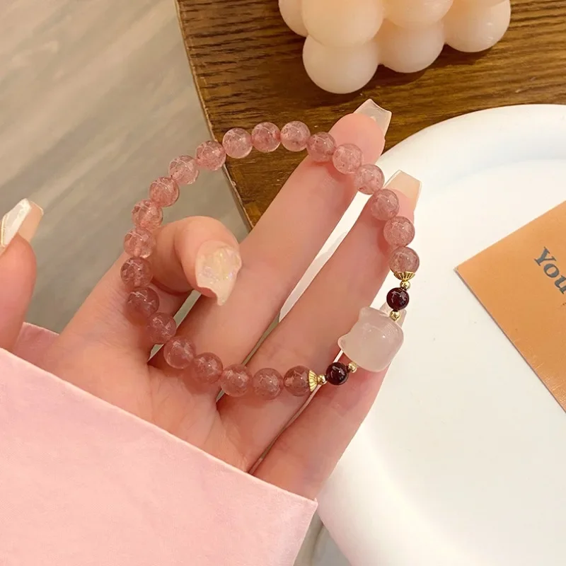 New Naturally Strawberry Crystal Agate Cat Head Bracelet Sweet Refreshing Charm Jewellery Fashion Handmade Exquisite Gift