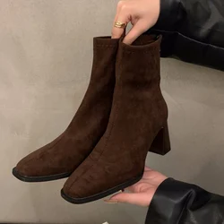 High Heels Women Snow Ankle Boots Suede Square Toe Shoes Winter Designer Chelsea Boots 2024 Trend Goth Gladiator Botas De Mujer