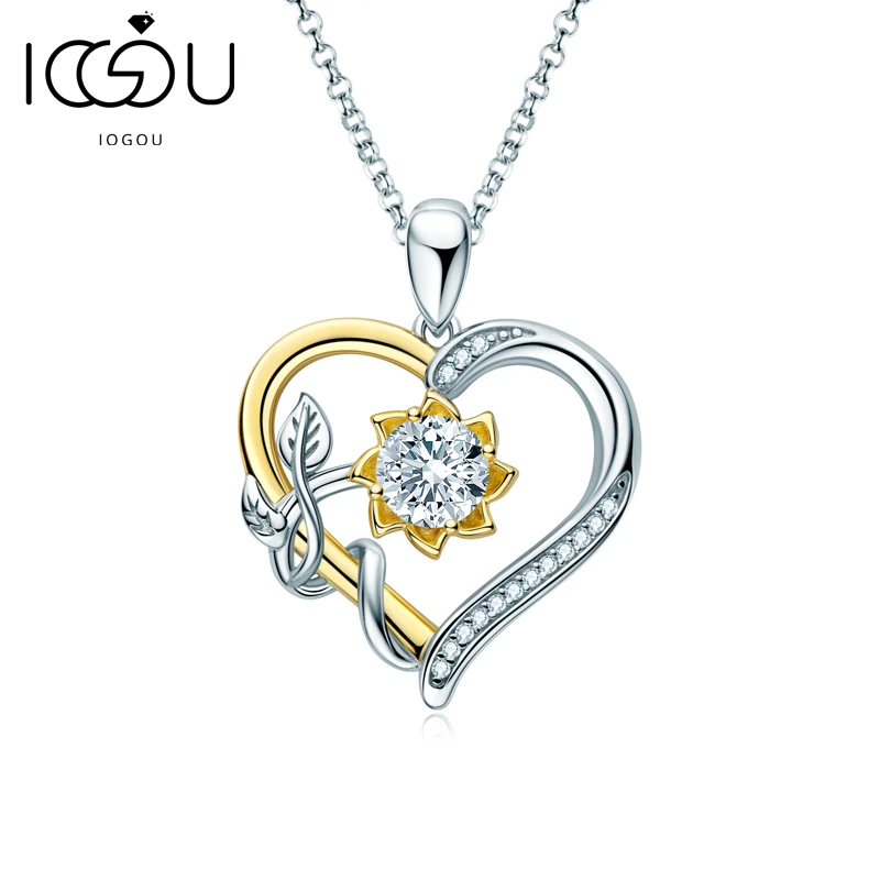 

IOGOU 6.5MM Moissanite Heart Pendant Necklaces for Women Sunflower Charm Choker Authentic 925 Silver Jewelry Girls Promise Gift