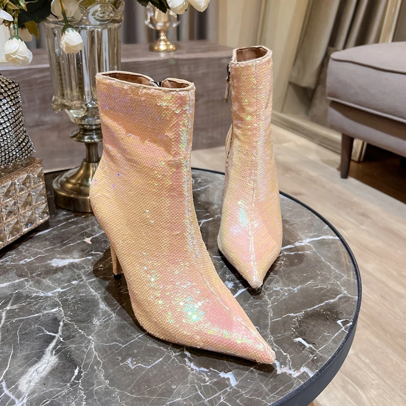 Red Sequin Side Zipper Point Toe Stiletto Boots Woman Winter 2023 Orange Bling Bling High Heel Shoes for Women Fashion Luxury