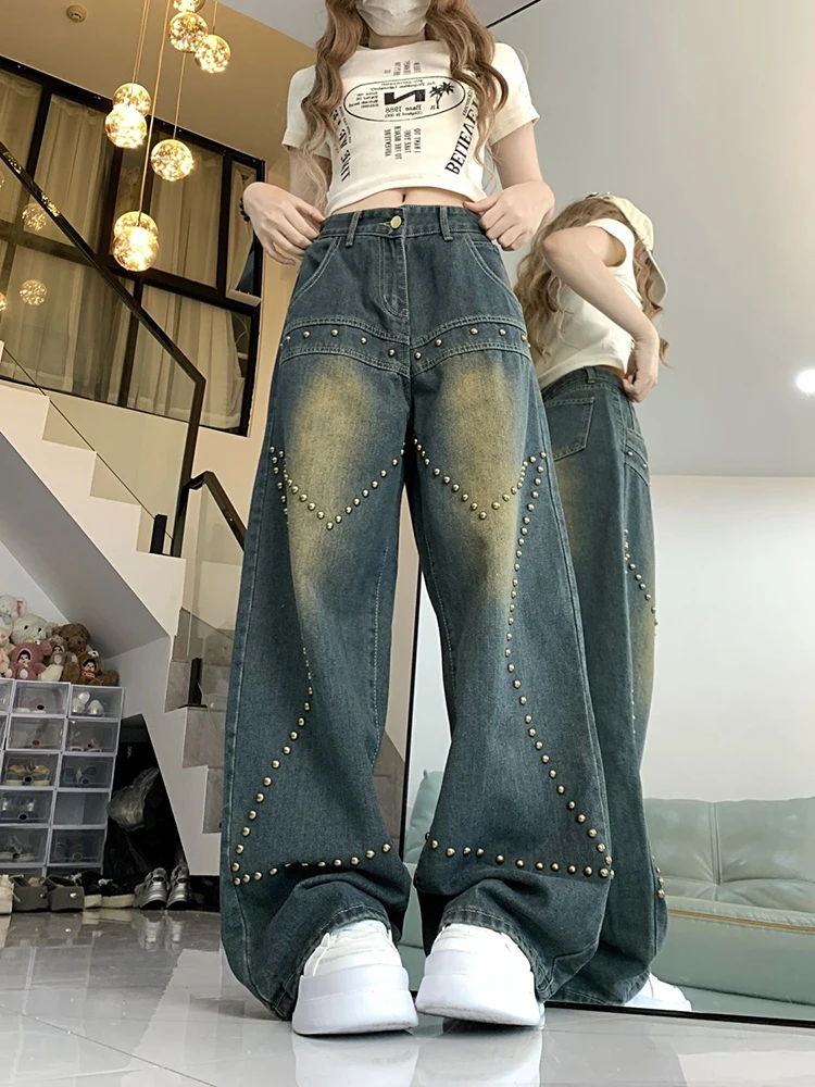 Frauen High Street Gewaschene Baggy Gerade Hosen American Vintage Chic Hohe Taille Y2K Niet Design Breite Bein Denim Hosen