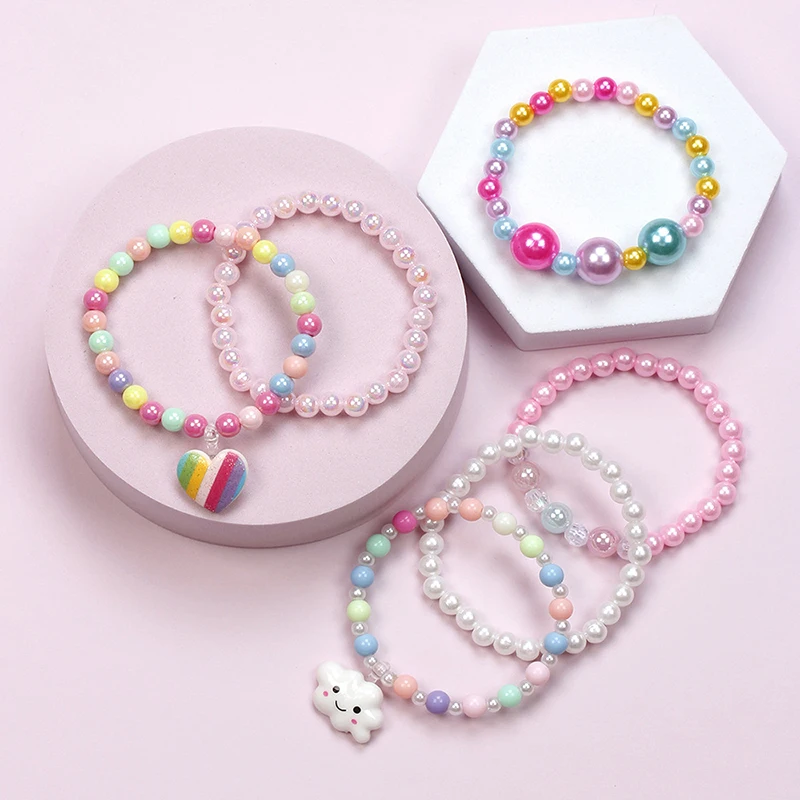 6Pcs/Set Colorful Acrylic Beaded Bracelet Party Bracelets Heart Candy Color Beads Children Beads Bracelets Set For Girls Gift