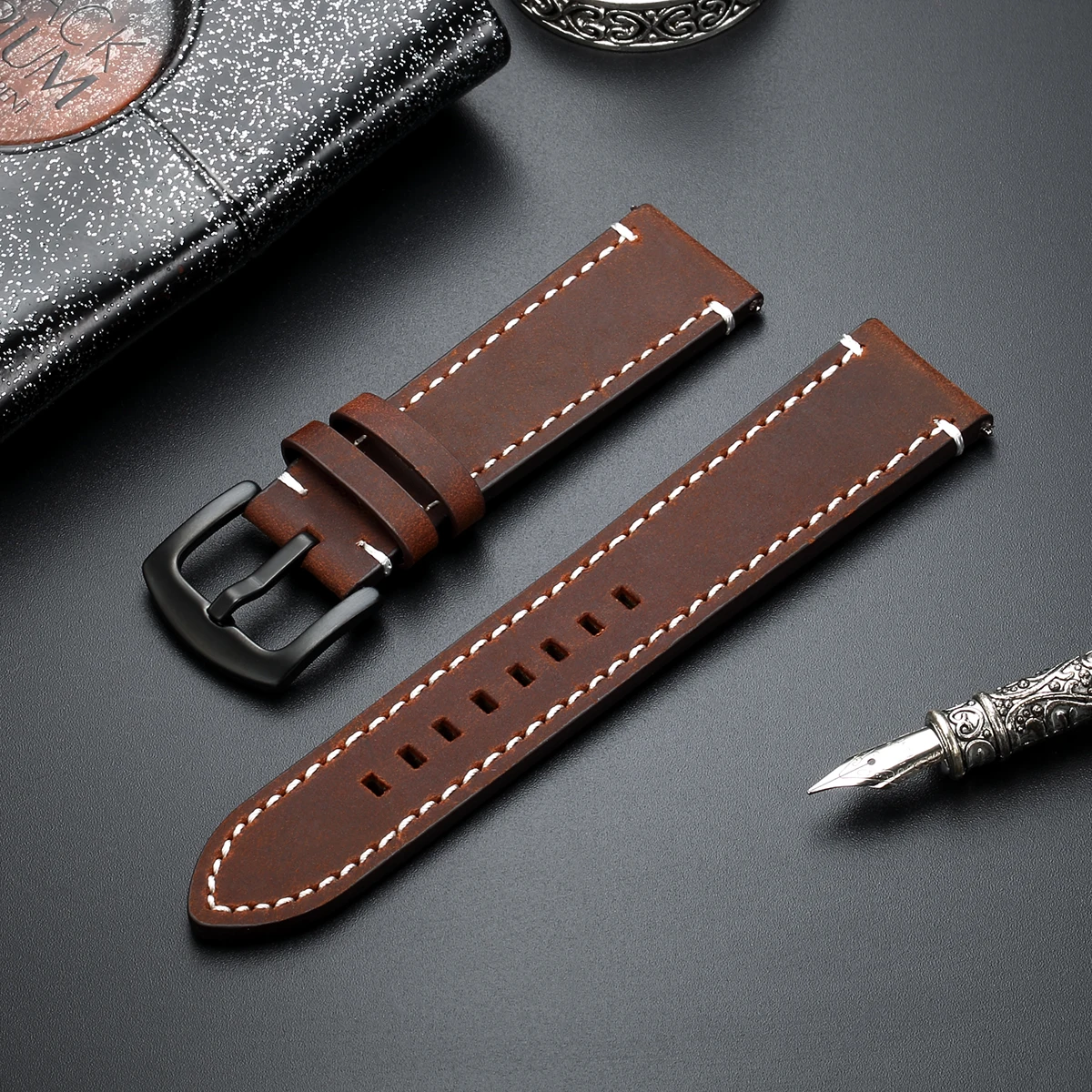Retro Crazy Horse Cowhide Leather Watch Strap 18mm 20mm 22mm 24mm Hand Stitching Quick Release Watchband with Black Buckle