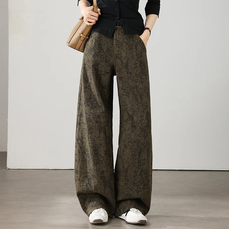 

High Waist Casual Floral Embroidery Wide Leg Jeans Women's Coffee Color Spring New Loose Straight Knife Pants