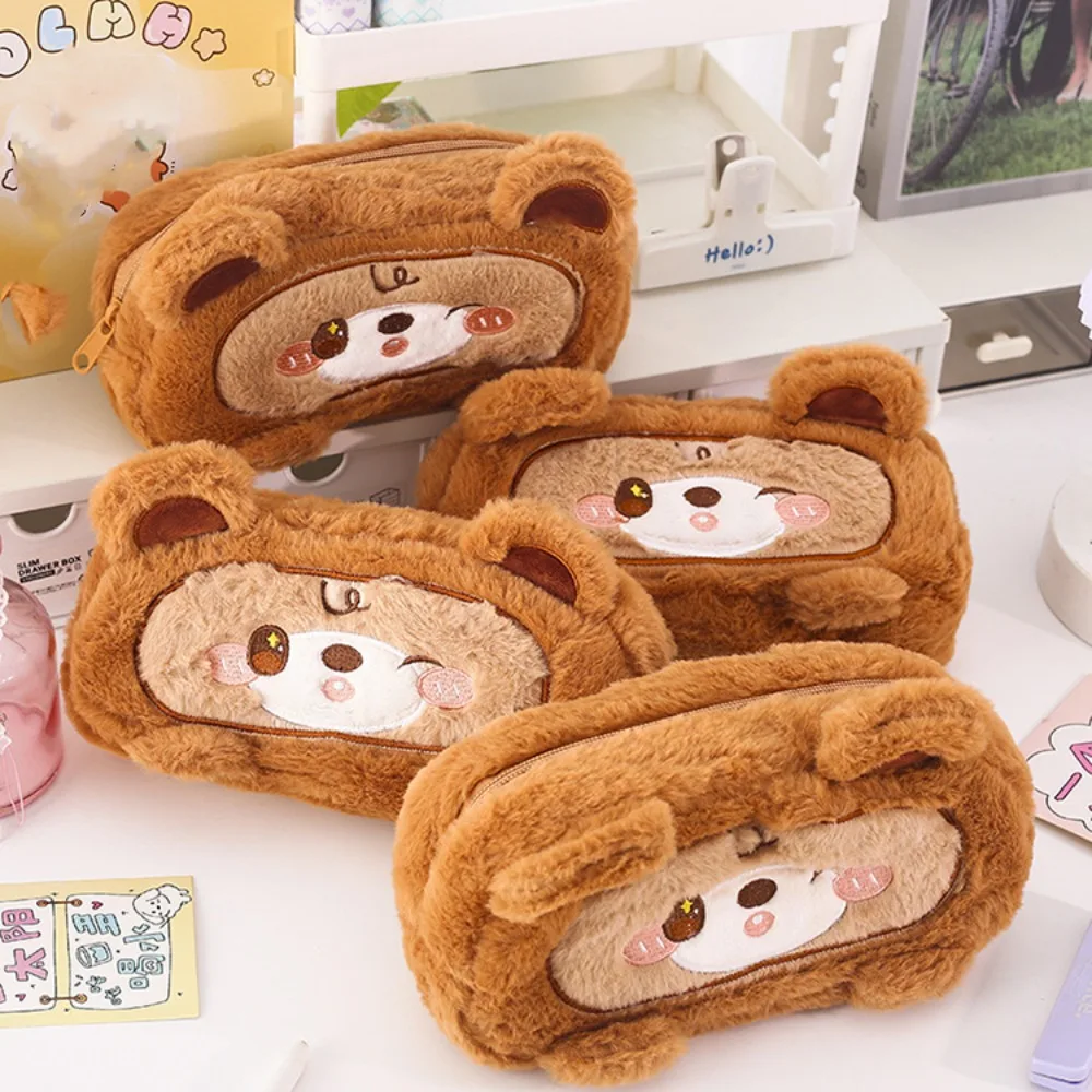 Large Capacity Capybara Pencil Case Plush Pouch Transparent Cute Bear Pen Bag Durable PVC Furry Stationery Storage Bag Office