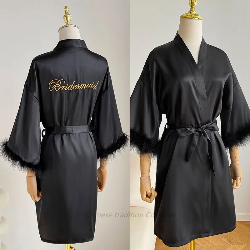 Wedding Bride Bridesmaid Robe Satin Kimono Intimate Lingerie Lady Sexy Feather Sleeve Bathrobe Nightgown Short Sleepwear Onesize