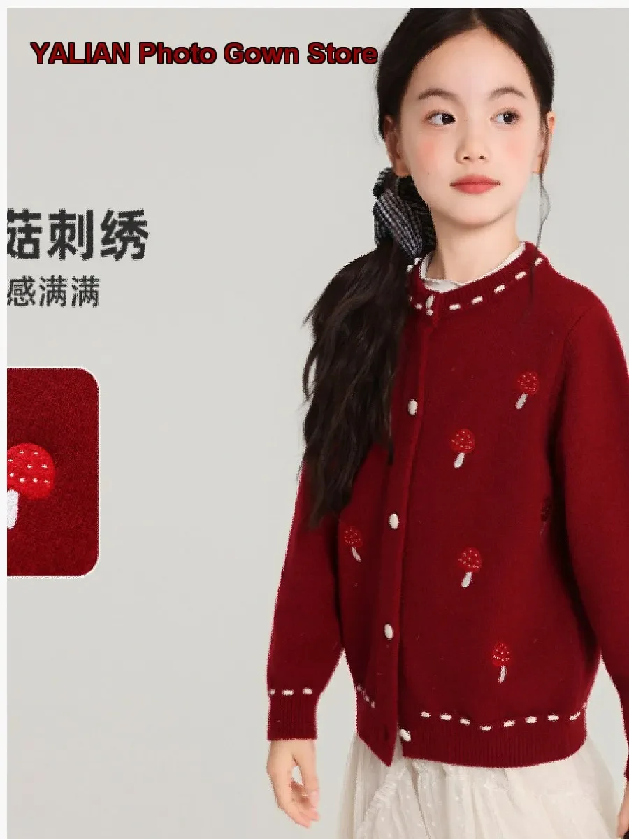 Girls Knit Jacket Kids Autumn Spring Mushroom Pattern Knit Top Solid Color Stylish Outfit Medium-Large Kids Older Kids