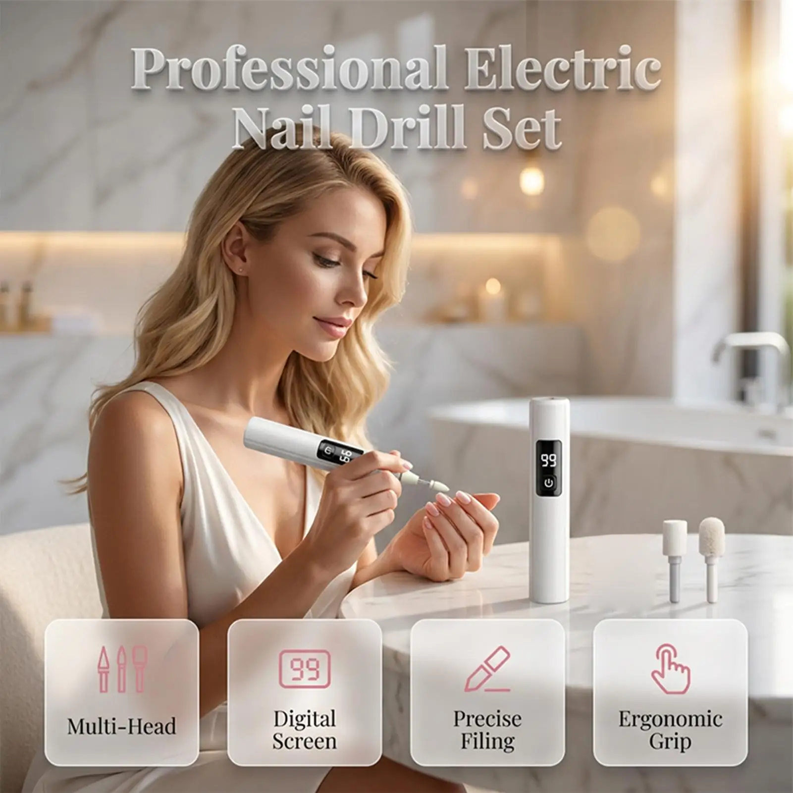 Electric Nail Grinder Digital Display Professional Rechargeable Cordless Nail Drill Digital Display 4 Replaceable Grinding Nail
