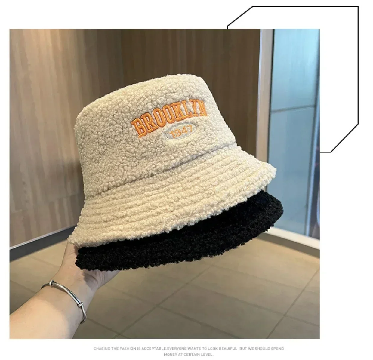 Letter Embroidered Lambswool Bucket Hat for Women in Autumn and Winter