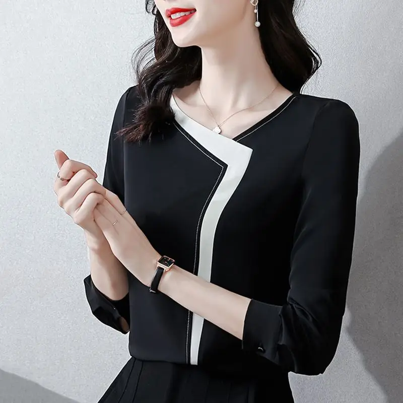 Women Clothing Contrast Patchwork Office Blouse Spring Autumn New Long Sleeve Loose Chiffon Elegant Shirt Tops Fashion Vintage