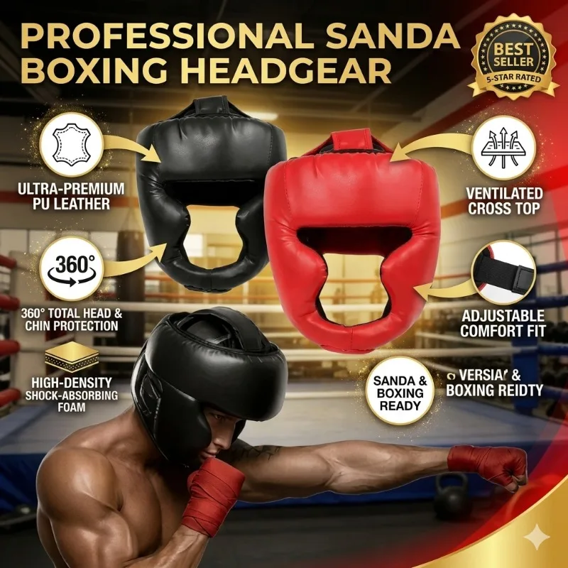 Professional Boxing Helmet Full Face Sanda Muay Thai Head Guard Men Women Kids Karate Training Taekwondo Thickened PU Leather
