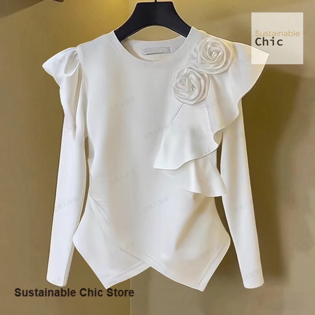 

French three-dimensional flower design long-sleeved T-shirt women's spring and autumn new white western fashion casual Joker top