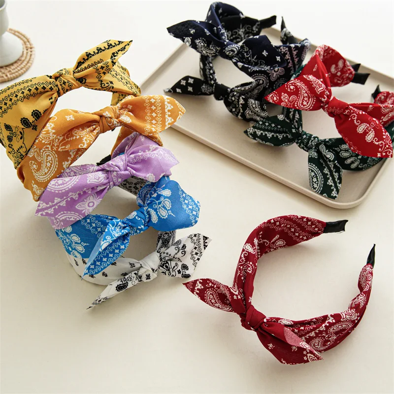 

Fashion Cotton Cashew Flowers Printing Soft Wide Hairhoop Hair Accessories for Women Casual Bow Cross Ethnic Headband Wholesale